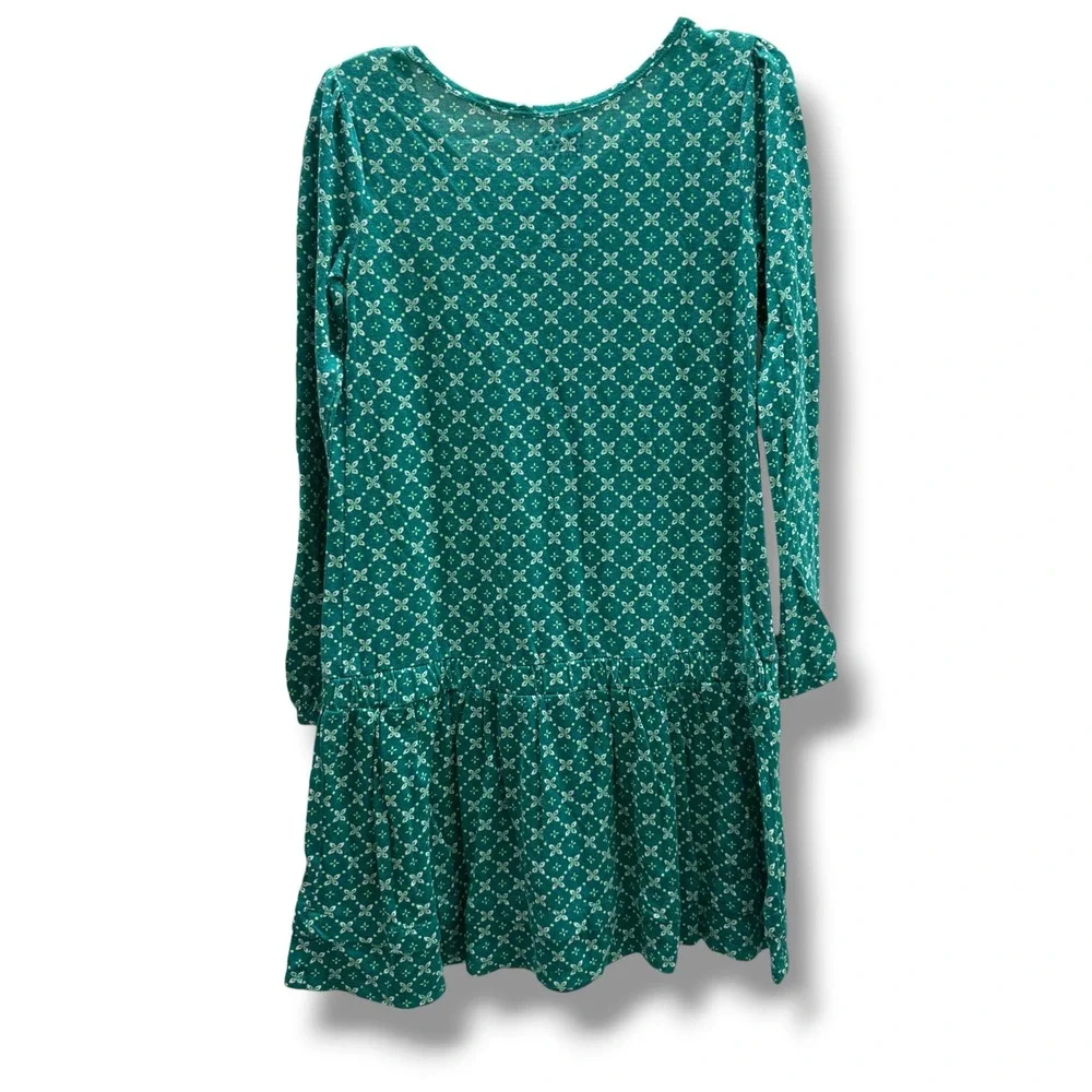 Old Navy Girls Teal Floral Drop Waist Dress Long Sleeve Cotton Modal L 10-12